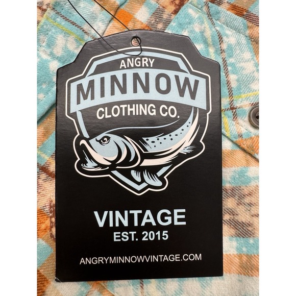 Angry Minnow Shirt Mens Medium Blue Brown Plaid Flannel Button Up Kind Of Weird - Picture 5 of 11
